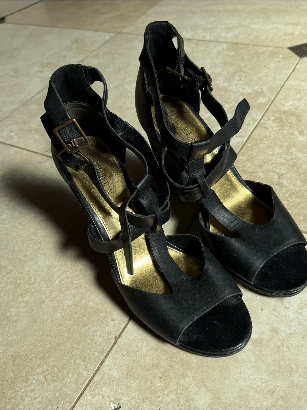 Lauren Ralph Lauren Black Strappy High Heel Sandals with Gold Insole